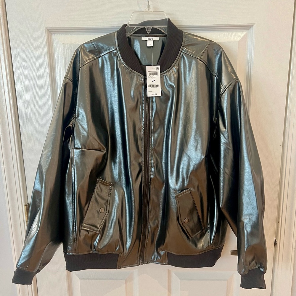 Bar III Metallic Black Bomber Jacket 2X